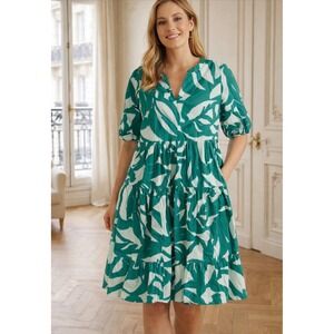 Chicos Sz 1 Split Neck Tropical Leaf Print Tier Mini Dress Medium 8 10 Pockets